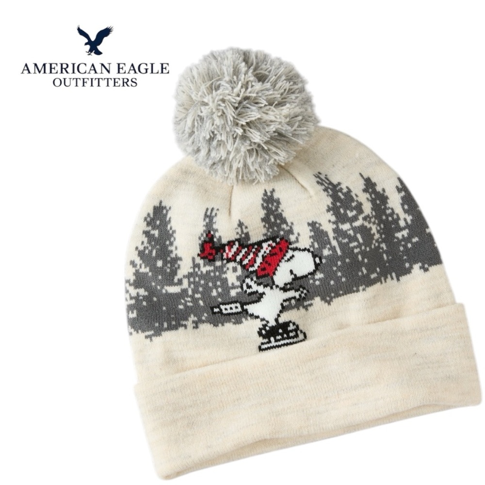 American Eagle Outfitters Snoopy Cream and Red Knit Hat with Pom-Pom